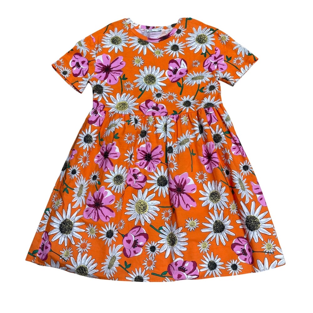 Zara Orange Floral Print T-Shirt Dress Women Size M 100% cotton